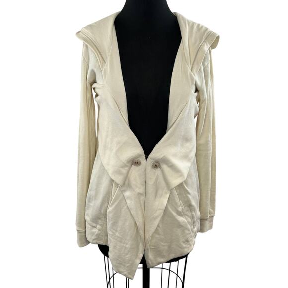 FREE PEOPLE Cream White Cotton Button Front Ruffle Hoodie Sweater Cardigan M - Picture 1 of 6